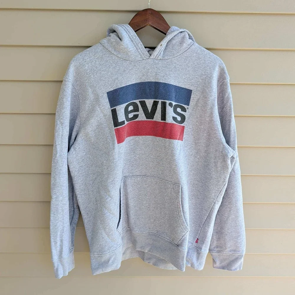 Levis Hoodie Mens Large Gray Graphic Logo Pullover Standard Fit Sweatshirt